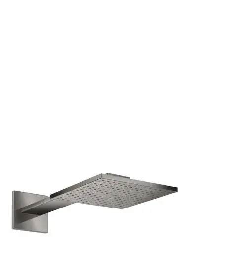 Duschkopf mit quadratischer Fläche und einer Montageplatte, in mattschwarzem Design. Ausgeführt von AXOR, geeignet für Wandmontage.